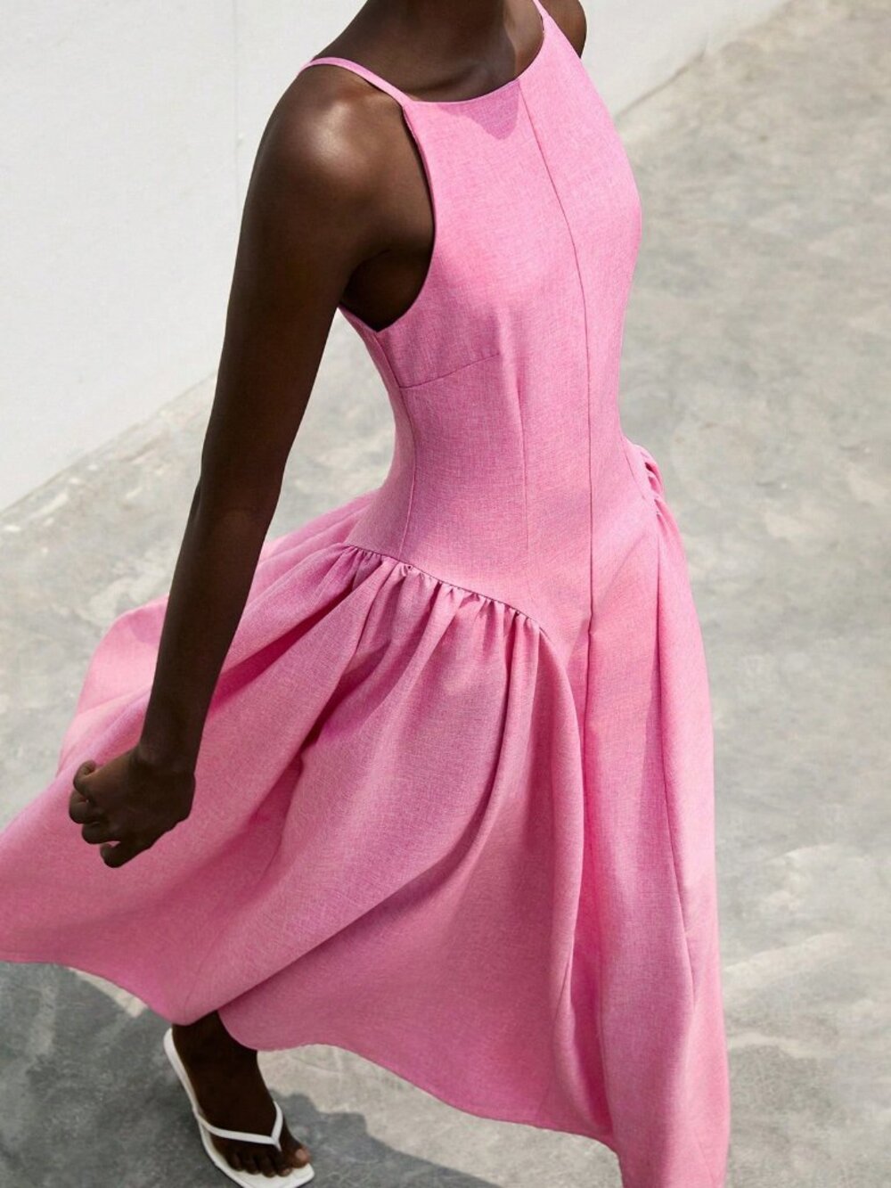 Pink Casual Women's Elegant Sleeveless Tie-Waist Pleated Flare Dress - Picture 3 of 5
